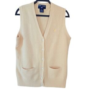 Ralph Lauren Sport Womens Angora Wool Blend Vest Button  L Pastel Yellow Preppy